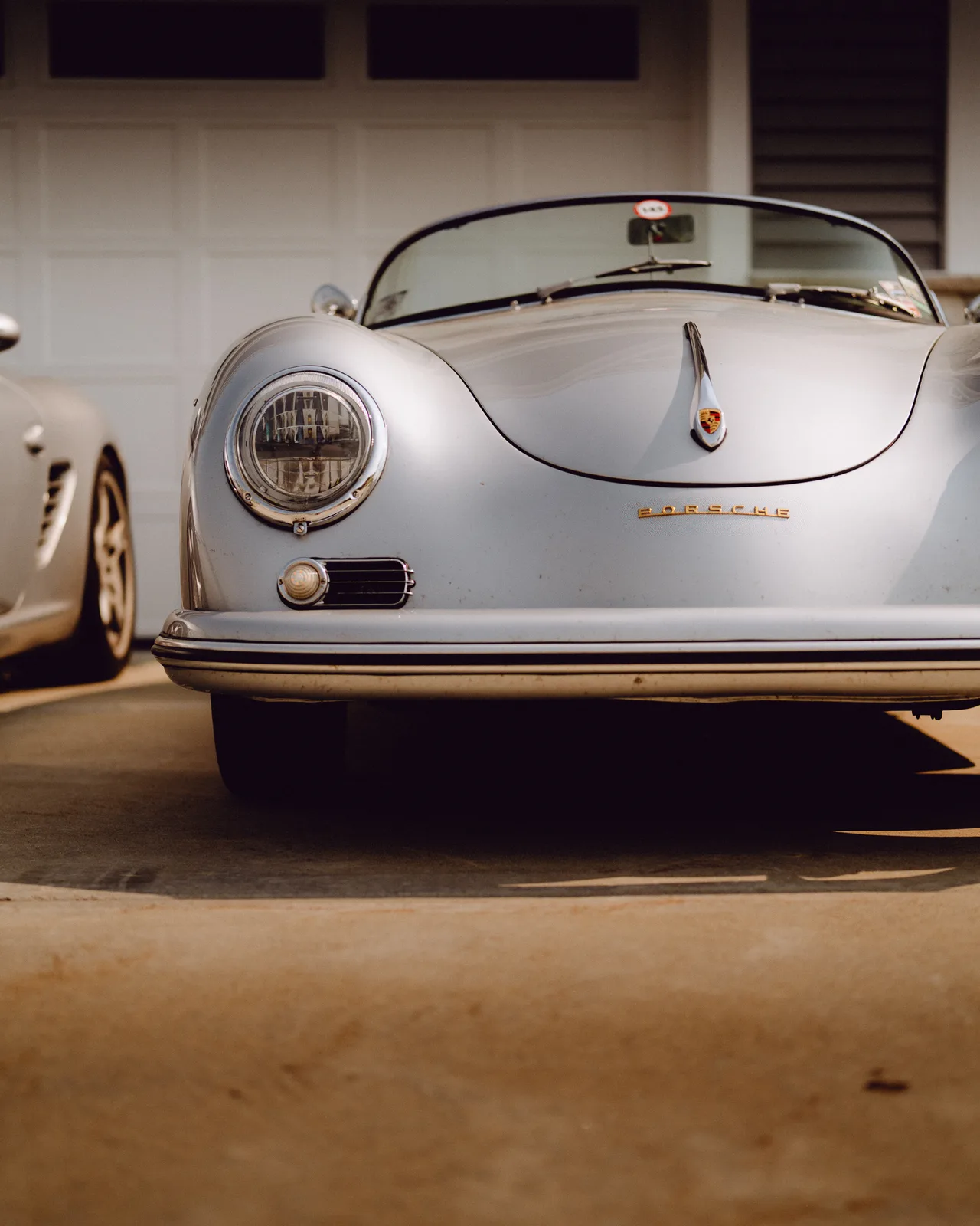 Front view of Curt Cromwell’s silver 1956 Porsche 356 A Speedster