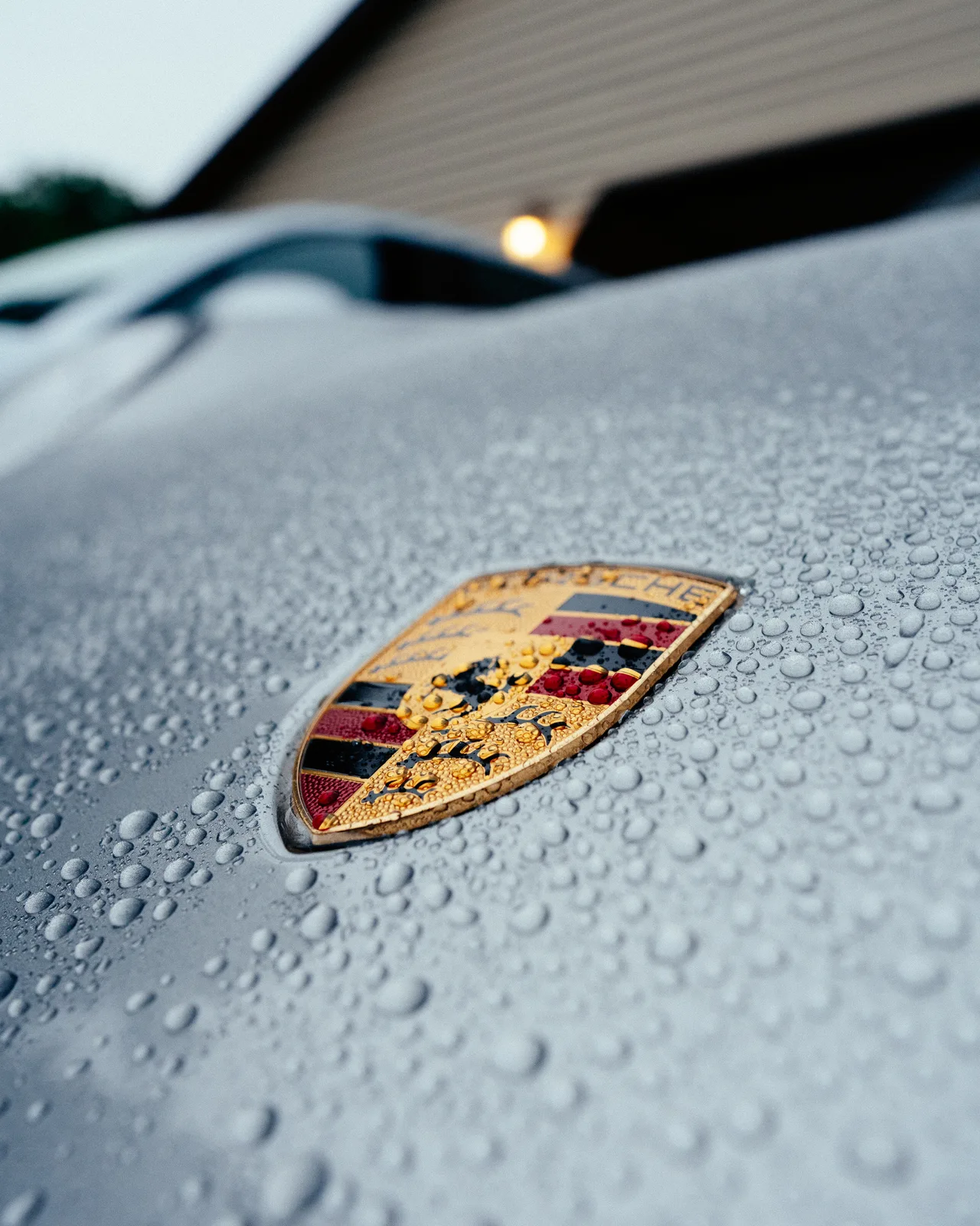 Rain beading around the Porsche crest on a silver hood